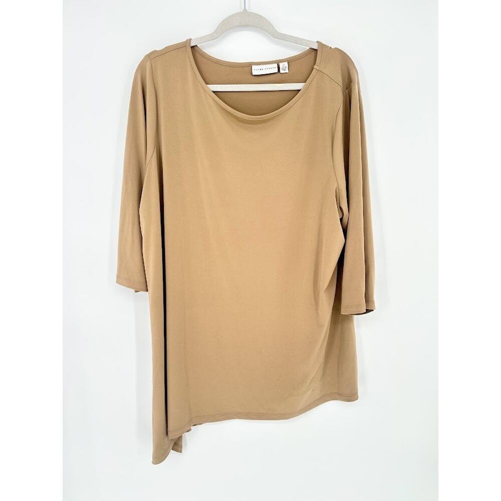 Susan Graver Top Women 2X Tan Liquid Knit Stretch Asymmetric Minimialist Neutral